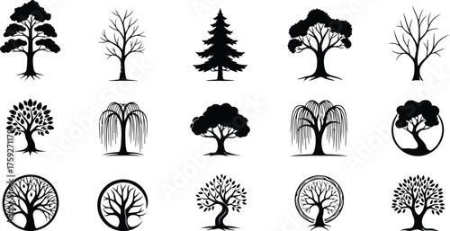 Vector art of collection of various tree silhouettes isolated on a, showcasing diverse shapes and styles for graphic design