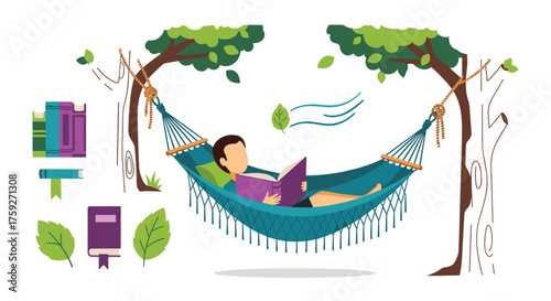 A person relaxing in a hammock reading a book outdoors among trees