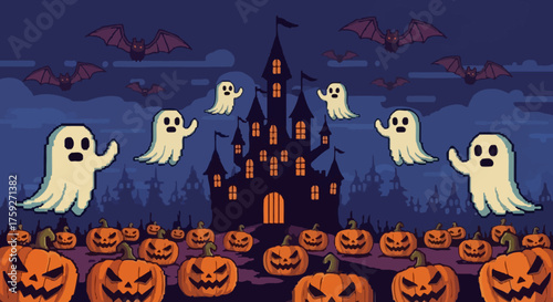 Spooky pixel art scene with playful ghosts, grinning pumpkins, and eerie bats surrounding a haunted castle at night.