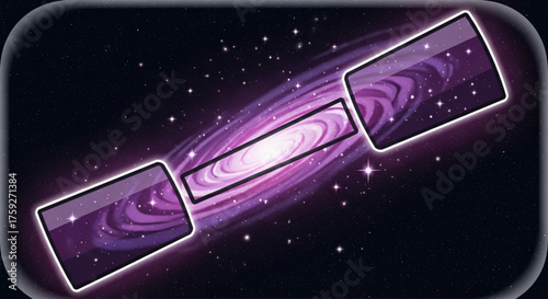 A cosmic portal with a swirling galaxy inside, connecting distant realms and dimensions, set against a backdrop of infinite space