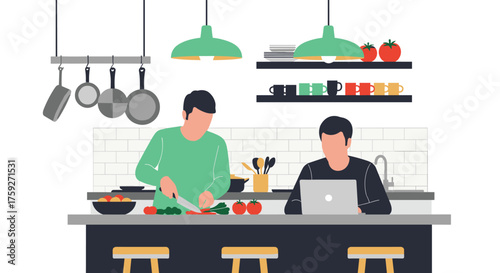 Two people cooking in the kitchen together while one uses a laptop