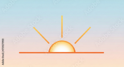 Warm sunrise illustration with a bright sun emerging over the horizon, casting a golden glow against a soft gradient sky, serene scene