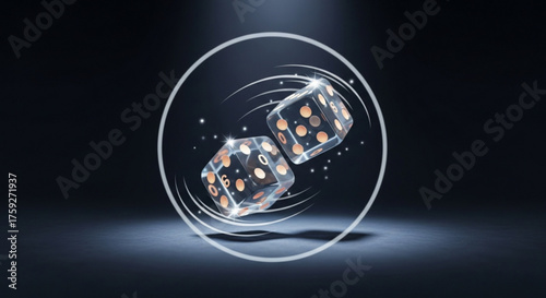 Two transparent dice with golden dots floating in front of a white circle on a dark background, creating a mesmerizing and elegant composition