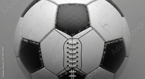 Closeup of a soccer ball with a unique design, featuring footballstyle laces, creating a fusion of sports equipment