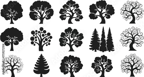 Vector art of collection of various tree silhouettes