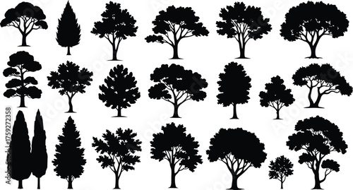 Vector art of assortment of different tree silhouettes