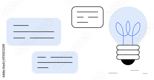 Lightbulb emitting minimalist lines alongside three text boxes. Ideal for creativity, brainstorming, innovation, ideas, problem-solving, strategy, collaboration. Simple flat metaphor
