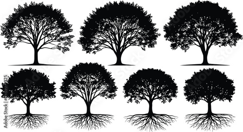 Vector art of collection of eight black silhouette deciduous trees with visible root systems