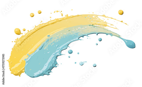 Yellow and blue paint splashes colliding on white background forming dynamic abstract composition with textured motion suitable for creative templates digital projects or decorative backgrounds