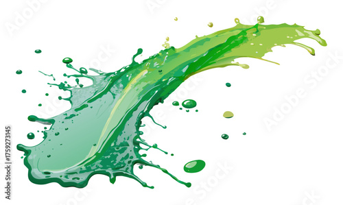 Green paint splash forming wave with scattered droplets on white background creating textured abstract composition suitable for templates decorative projects or modern creative backgrounds