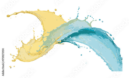 Yellow and blue paint splashes colliding on white background forming dynamic abstract composition with textured motion suitable for creative templates digital projects or decorative backgrounds