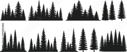 Vector art of collection of black silhouette pine trees on a, representing a forest landscape