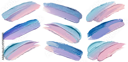 Blue purple and pink paint strokes forming dynamic textured collection on white background suitable for decorative templates creative design projects or modern abstract compositions