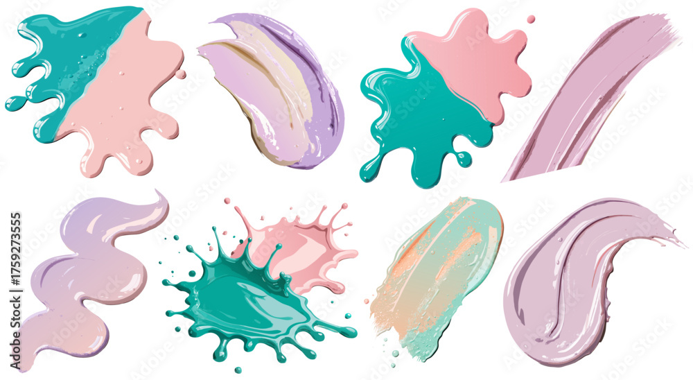 Naklejka premium Turquoise pink and lavender paint strokes with pastel splashes arranged on white background forming dynamic collection suitable for abstract templates creative design projects or decorative use