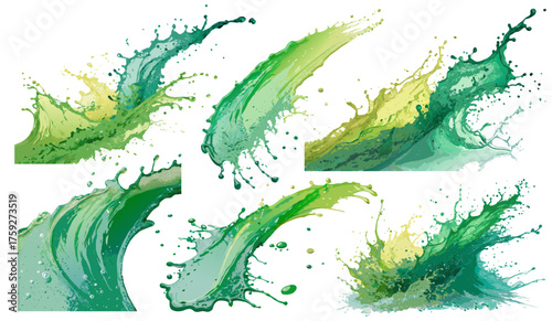 Green paint splashes in six variations forming dynamic textured collection on white background with subtle yellow accents suitable for design templates creative projects or decorative compositions