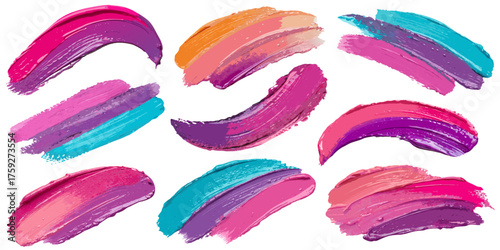 Colorful paint strokes with visible textured surfaces arranged on white background forming abstract collection suitable for decorative projects modern templates or creative design compositions