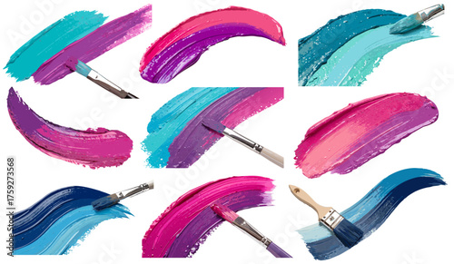 Paintbrushes applying curved strokes in pink purple blue and turquoise shades on white background forming abstract collection suitable for creative templates modern projects or decorative design use