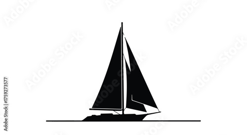 Sleek black sailboat glides across calm water under a clear sky.