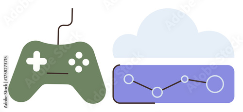 Green gaming controller paired with a cloud and data visualization, representing cloud gaming technology. Ideal for entertainment, technology, innovation, data analysis, connectivity, gaming trends