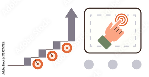 Steps leading to rising arrow, targets indicating goals achieved, hand tapping on touchscreen. Ideal for strategy, productivity, success, achievement, goal-setting, navigation simple flat metaphor