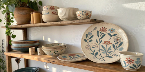 Hand painted talavera pottery with plates bowls and mug arranged on rustic wooden shelves suitable for mexican craftsmanship projects cultural heritage visuals kitchen decor branding, design templates