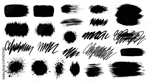 Collection of Diverse Hand Drawn Black Ink Brush Stroke Textures and Splatters for Graphic Design Projects