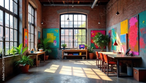 Vibrant Artist Community in Repurposed Industrial Building Large Windows, Colorful Studios, Creative Atmosphere