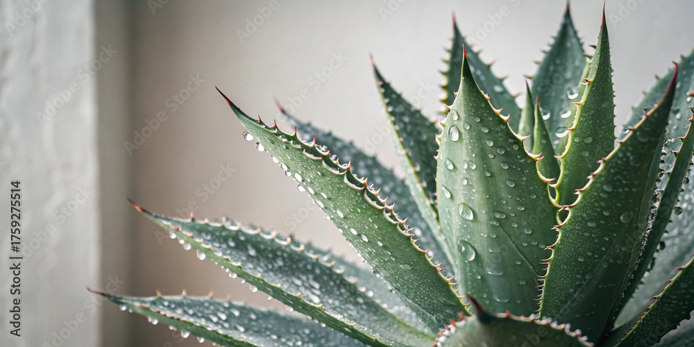 Fototapeta premium Agave plant with water droplets highlighting sharp leaf textures suitable for mexican agriculture projects natural background visuals tequila branding and botanical design templates