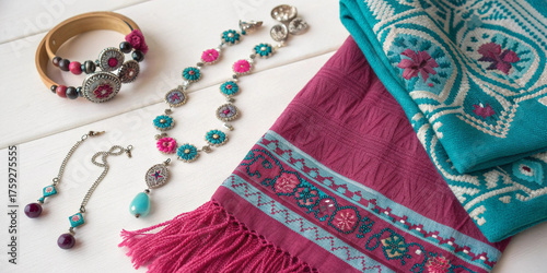 Handmade textile jewelry and accessories with traditional mexican design on wooden surface suitable for cultural heritage projects craftsmanship visuals fashion branding and decorative templates