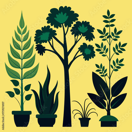 Collection of stylized potted plants and trees in various shapes and sizes