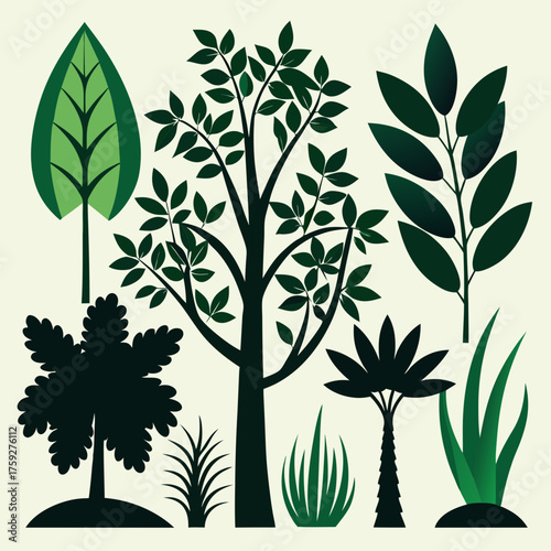Collection of stylized green trees and plants in silhouette and flat design