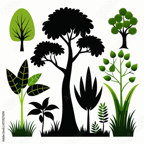 Collection of stylized trees and plants in silhouette and green colors on white background