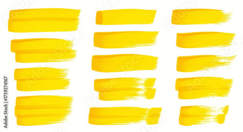 Collection of Bright Yellow Paint Brush Strokes and Highlighter Marks on a White Background