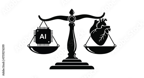 AI chip and human heart balanced on scales, symbolizing ethical choices in technology