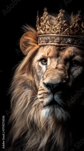 Majestic lion wearing an ornate crown against a dark backdrop, exuding regal power and mystery. Awe