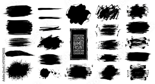 Collection of Hand Drawn Black Ink Brush Stroke Textures and Splatters for Artistic Designs