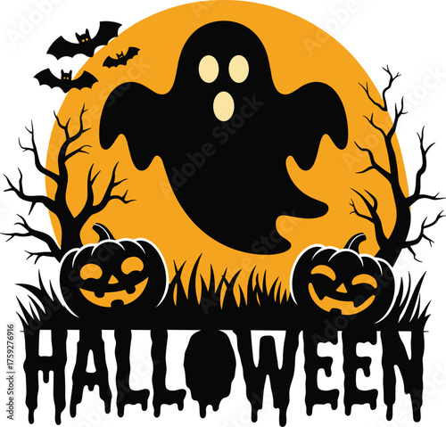 Flat design cartoon scary ghost with pumpkins and bats over a full moon isolated on a transparent background