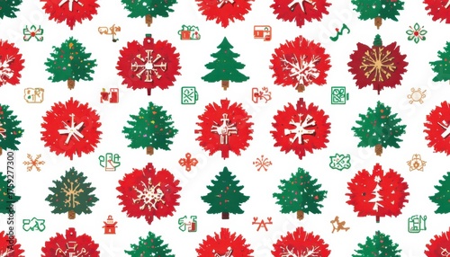 Simple pixel art pattern with red and green geometric Christmas icons, minimal design, seamless white background
