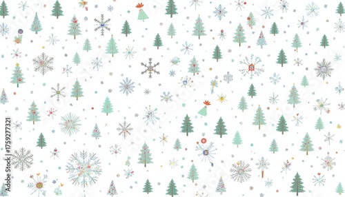 Minimalist Christmas pixel pattern featuring simple snowflakes and tiny Christmas trees, clean 8-bit style, white background