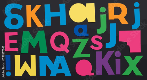 A Colorful Array of Uppercase and Lowercase Letters Forming Words and Symbols on a Dark Background