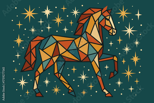 Polygonal horse design illuminated by stars in a colorful gem-like appearance