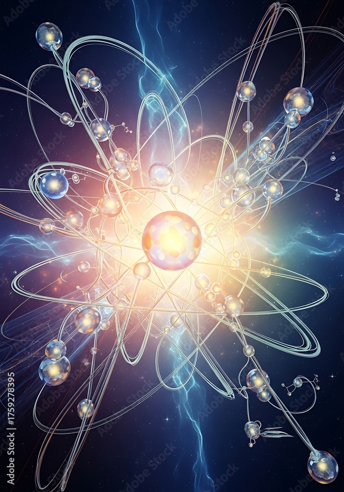 Obraz premium Glowing atomic structure illustration showing energy particle motion