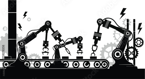 Automated robotic arms working on a conveyor belt in a factory setting.