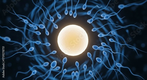 Sperm cells surrounding a luminous egg cell in a microscopic view of conception