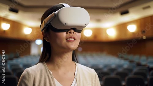 Immersive VR Experience: Asian Woman with Virtual Reality Headset in Theater