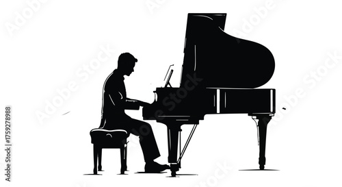 Silhouette of a man playing a grand piano with focus and passion