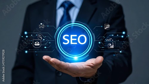 A businessman presents a glowing digital SEO graphic to the viewer.