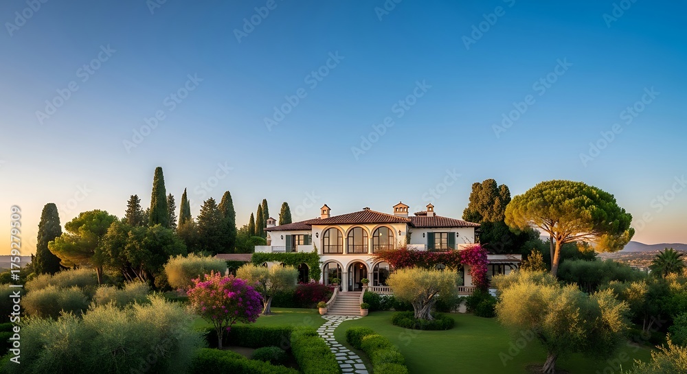 Obraz premium Picturesque villa amidst verdant landscapes at the dawn of a new day