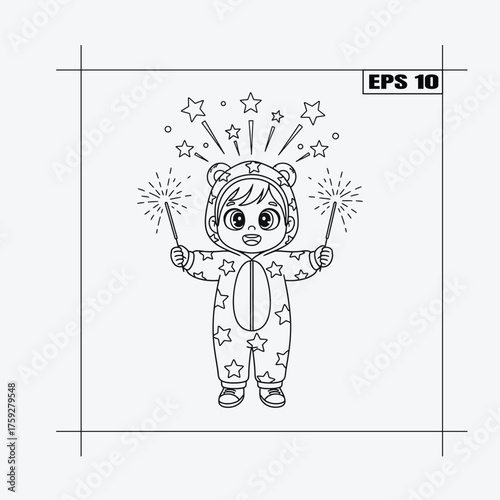 Cute toddler in star pajamas holding sparklers for a festive celebration