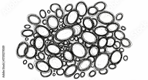 An Artistic Sketch Illustrating a Conglomeration of Oval Shapes and Smaller Circles Detailed with Hand Drawn Hatching and Outline Techniques